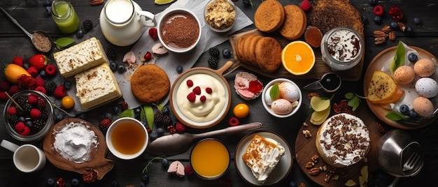 Une table pleine de nourriture, y compris une variété de petits déjeuners dont un bol de yaourt yaourt et une tasse o