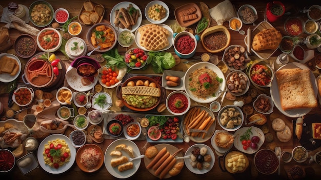 Une table pleine de nourriture, y compris une variété de plats.