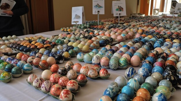 Une table pleine d'œufs de Pâques avec un panneau qui dit "Pâques" dessus