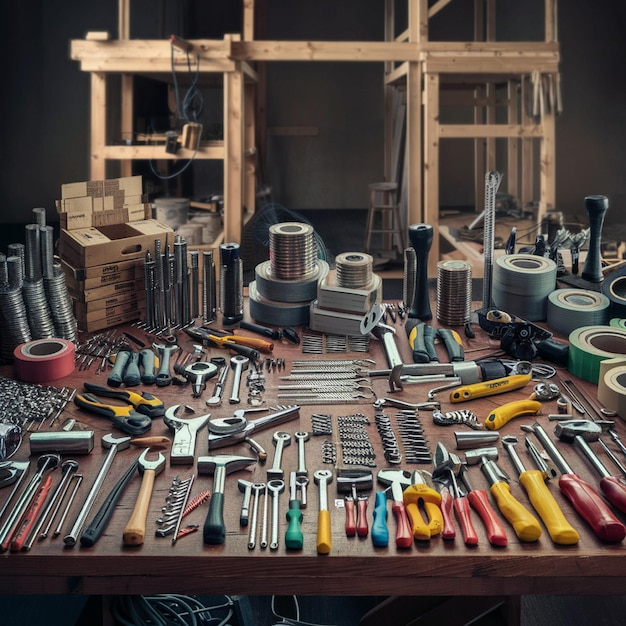 Photo une table pleine d'outils, y compris un qui a beaucoup d'instruments sur elle