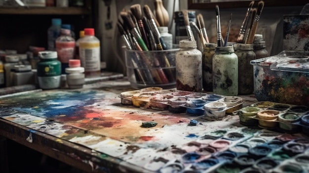 Une table pleine de peinture et de pinceaux avec une palette de peinture et une bouteille de peinture.