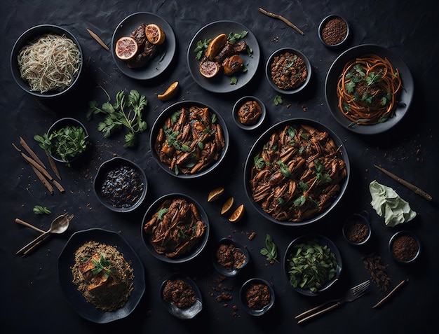 Une table pleine de plats dont un curry et un plat de riz.