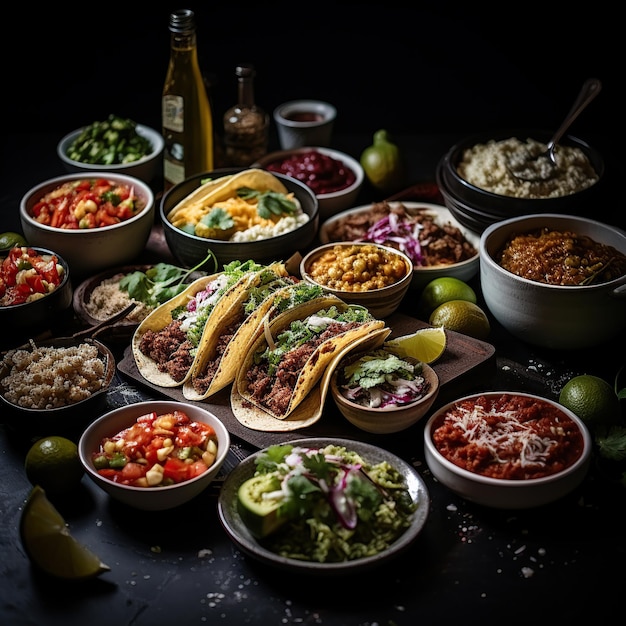 Photo une table pleine de repas mexicains sur des assiettes tacos frigoles carne de res burritos mexicains nachos