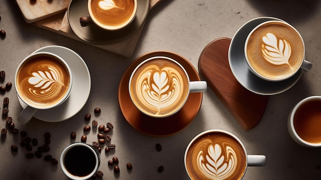 Une table pleine de tasses à café avec des grains de café dessus