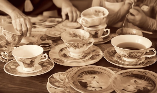 Une table pleine de tasses et de soucoupes avec les mots "belle" dessus