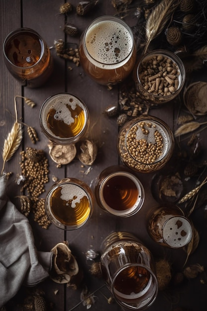 Une table pleine de verres à bière avec de la bière dessus