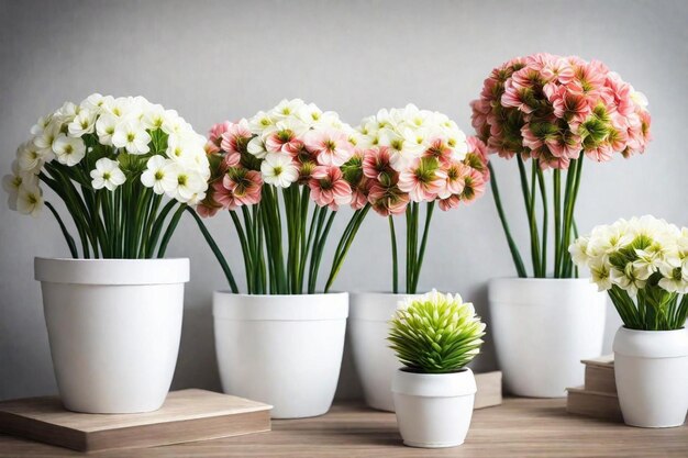 Photo une table avec plusieurs vases blancs avec des fleurs en eux