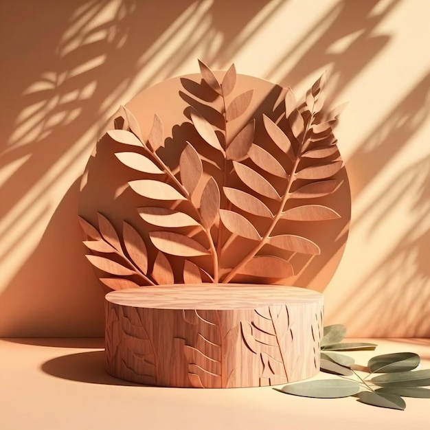 Table de podium en bois avec grain naturel et forme d'arbre tropical dans les ombres des feuilles de la lumière du soleil sur un mur brun brique clair pour un soin de la peau luxueux et un cadre de traitement de beauté Generative AI