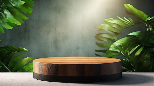 Table podium ronde en bois de teck lisse beau grain Generative AI