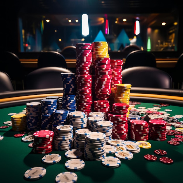 Une table de poker avec une grande pile de jetons de poker
