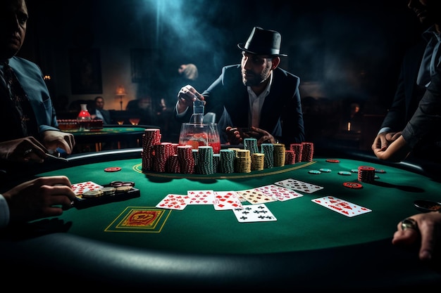 Table de poker avec jetons de cartes et joueurs distribuant leurs cartes