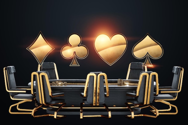 Table de poker de luxe Salle de poker de style noir et or Jeu de poker Casino Jeux de cartes en ligne Design moderne Style magazine Rendu 3D Illustration 3D