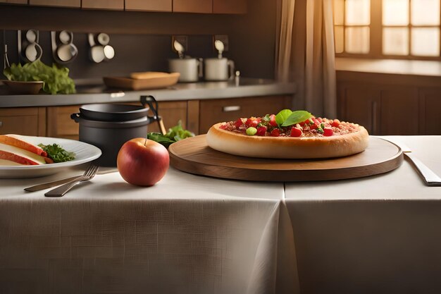 une table avec une pomme et une pomme dessus