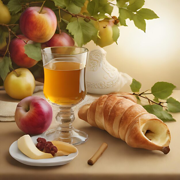 Une table avec des pommes, un croissant et un croissant.