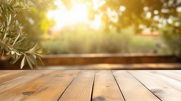 Une table de pont en bois vide sur un jardin d'oliviers ensoleillé