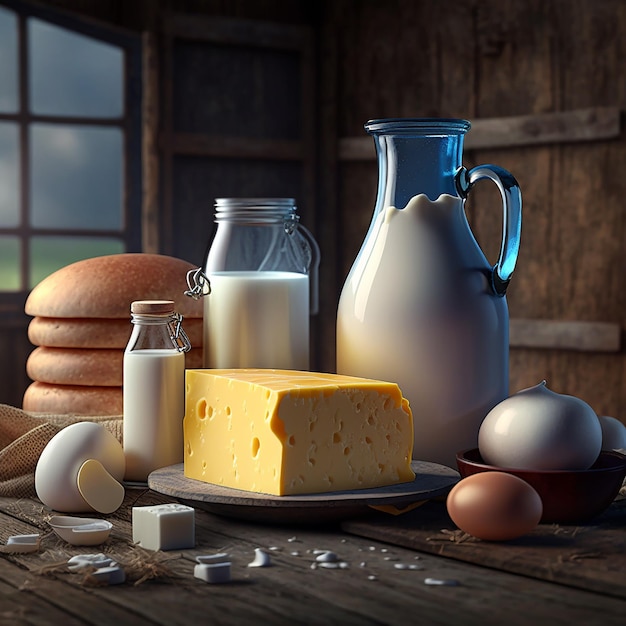 Une table avec un pot bleu de fromage, de lait et d'autres aliments.