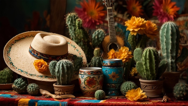 une table avec des pots et des cactus et des fleurs et une guitare