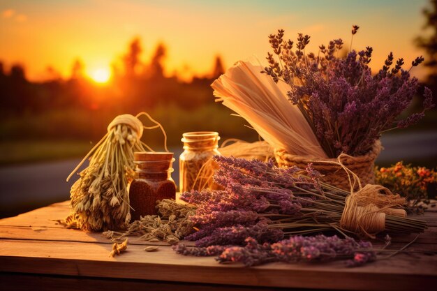 Table avec des pots de fleurs Décor floral naturel et simple pour n'importe quel espace Diverses herbes et épis dans la lumière dorée du coucher du soleil généré par l'IA