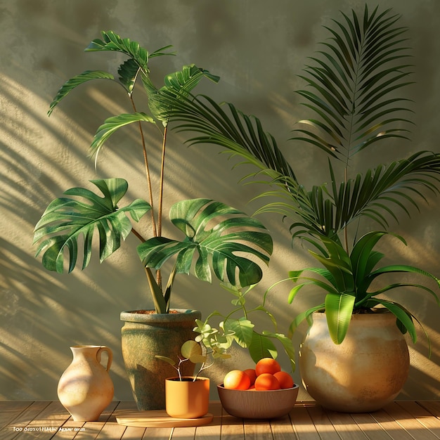 une table avec des pots et des plantes et une plante en pot