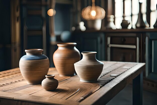 une table avec des pots et une qui dit poterie.