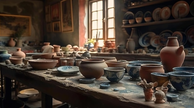 Une table avec des pots et des vases dessus et une peinture sur le mur derrière