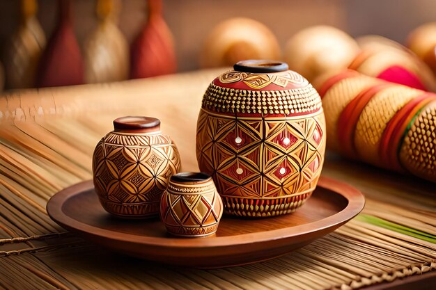 Une table avec des pots et des vases dessus