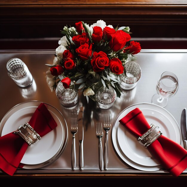 Photo une table pour le dîner avec une nappe rouge, des assiettes blanches, des couverts en argent et un bouquet de roses.