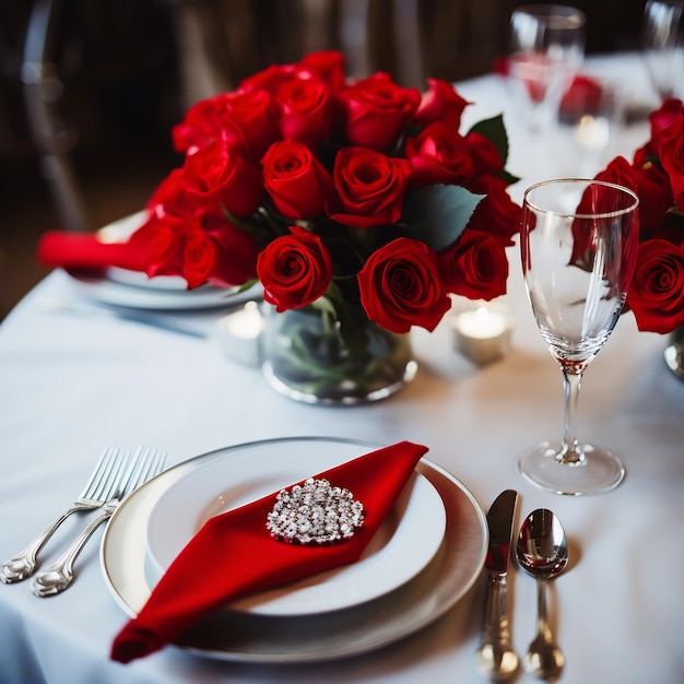 Photo une table pour le dîner avec une nappe rouge, des assiettes blanches, des couverts en argent et un bouquet de roses.