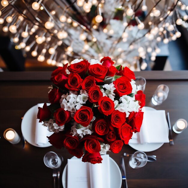 Une table pour le dîner avec une nappe rouge, des assiettes blanches, des couverts en argent et un bouquet de roses.