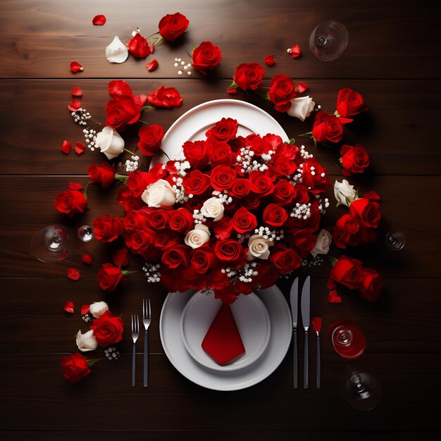 Une table pour le dîner avec une nappe rouge, des assiettes blanches, des couverts en argent et un bouquet de roses.