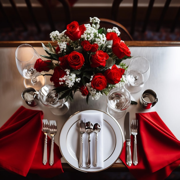 Photo une table pour le dîner avec une nappe rouge, des assiettes blanches, des couverts en argent et un bouquet de roses.