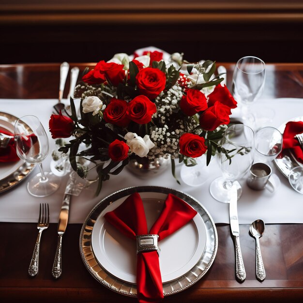 Une table pour le dîner avec une nappe rouge, des assiettes blanches, des couverts en argent et un bouquet de roses.