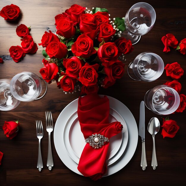 Une table pour le dîner avec une nappe rouge, des assiettes blanches, des couverts en argent et un bouquet de roses.