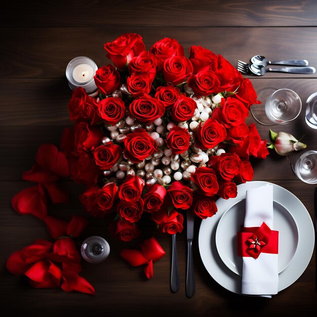 Une table pour le dîner avec une nappe rouge, des assiettes blanches, des couverts en argent et un bouquet de roses.