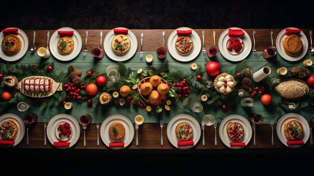 une table pour un dîner de vacances avec de la dinde et d'autres aliments de vacances