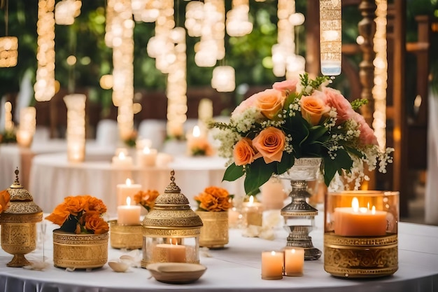 Une table pour un mariage avec des fleurs et des bougies.