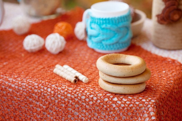 Table préparée pour le déjeuner dans la nature d'automne