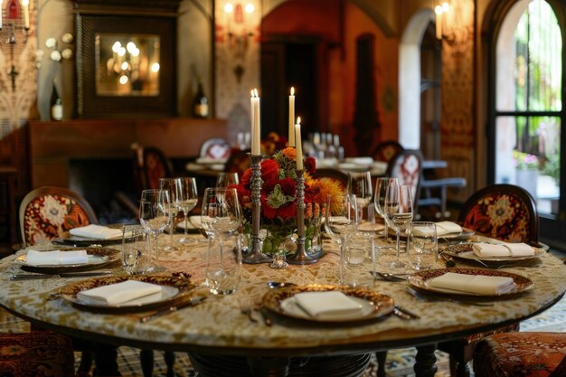 Une table préparée pour un dîner formel avec des bougies et des fleurs