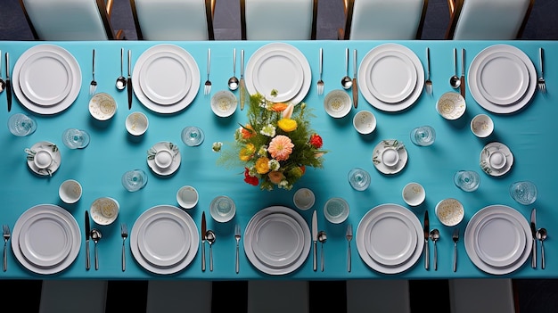 Photo une table préparée pour un repas avec une nappe et des assiettes dessus.