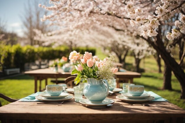 Table de printemps avec des arbres en fleurs et décentrés