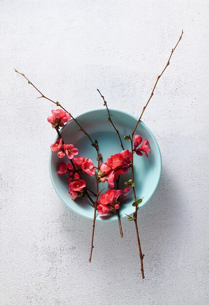 Table de printemps avec branches fleuries.