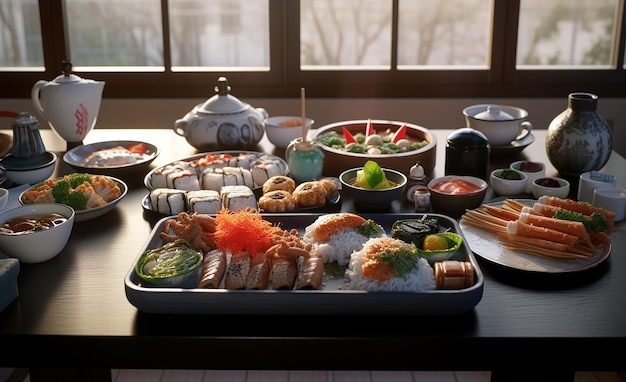 Table avec produits et plats de la cuisine japonaise et asiatique