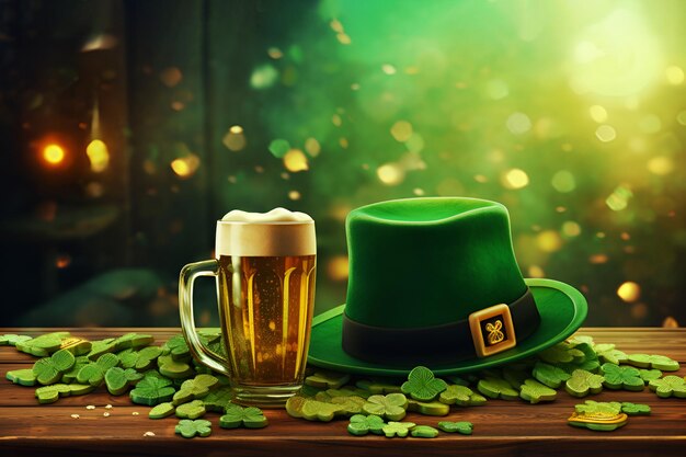 Table de pub en bois avec un verre de bière un chapeau de leprechaun vert et des feuilles de trèfle le jour de Saint-Patrick