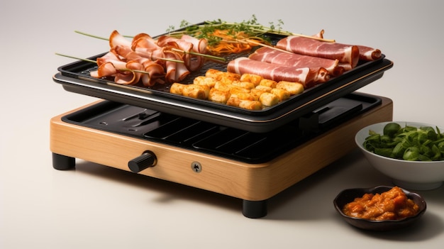 Table raclette coréenne carrée avec de petits plateaux en dessous