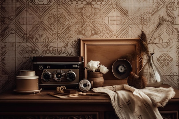 Une table avec une radio vintage et une photo encadrée.