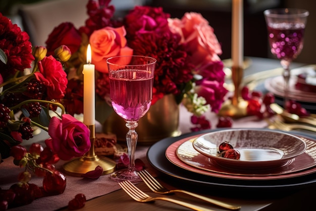Table de rassemblement du jour de la Saint-Valentin avec des coureurs, des fleurs vibrantes et de la vaisselle, une table élégante, une illustration générative d'IA.