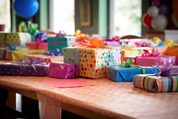 Table remplie de cadeaux emballés colorés pour un anniversaire