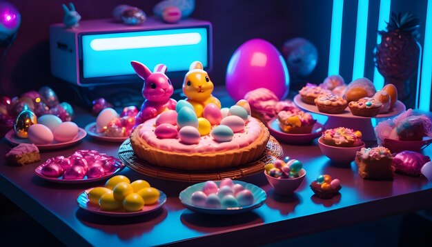 Photo une table remplie de délicieuses pâtisseries de pâques et de bonbons en forme d'œuf avec du cyberpunk