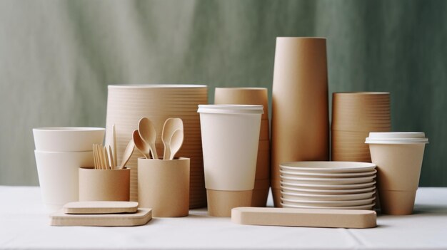 Photo une table remplie de nombreux tasses et cuillères en papier parfaite pour les événements de restauration ou les pauses café