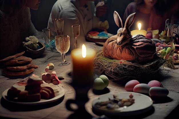 Une table remplie de nourriture de Pâques et un lapin